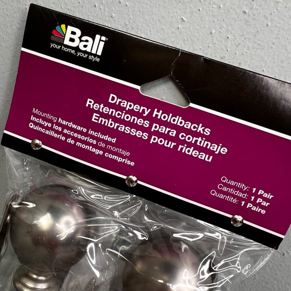 Bali Satin Nickel Ball Drapery Holdbacks Pair Silver Curtain Drapes Hardware NIP - Picture 3 of 7